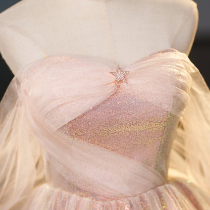 A-line pink sweetheart neckline tulle sequin long prom dress, pink evening dress ED01103