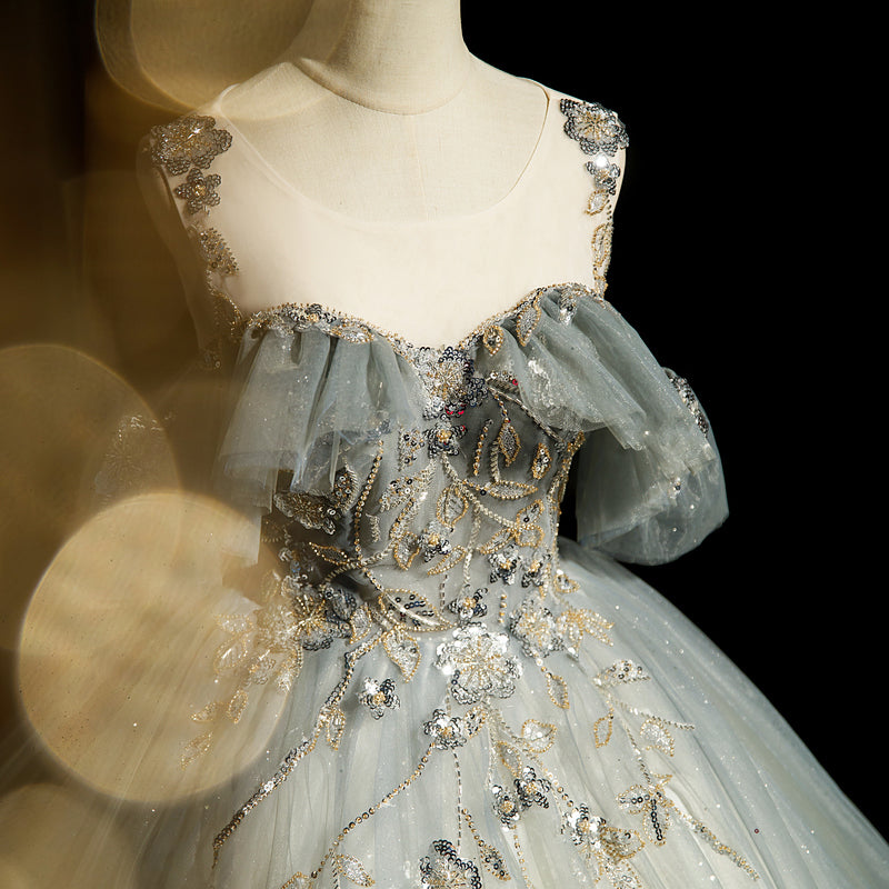 Green A-line tulle sequined long ball dress, green evening dress ED01104