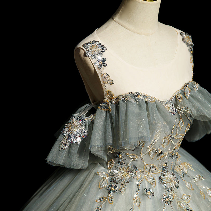 Green A-line tulle sequined long ball dress, green evening dress ED01104