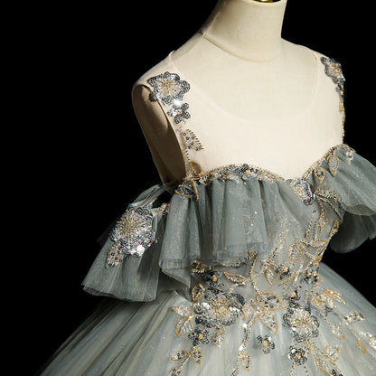 Green A-line tulle sequined long ball dress, green evening dress ED01104