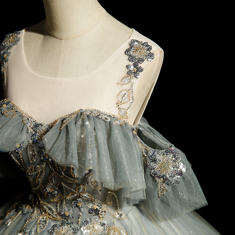 Green A-line tulle sequined long ball dress, green evening dress ED01104