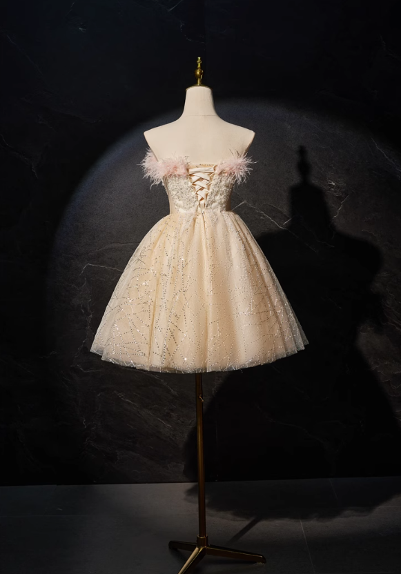 Champagne A-line tulle sequin short prom dress, champagne sweet 16 dress ED01105