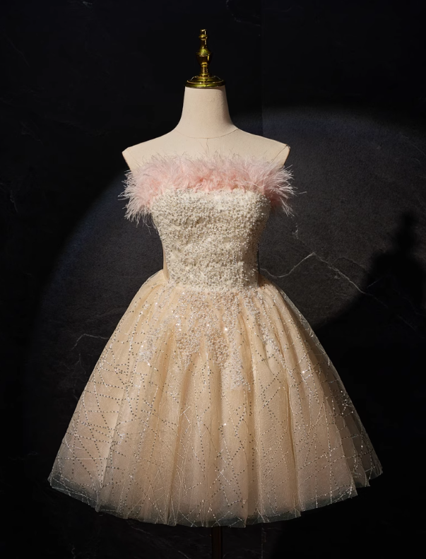 Champagne A-line tulle sequin short prom dress, champagne sweet 16 dress ED01105