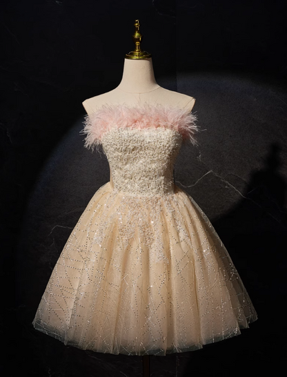 Champagne A-line tulle sequin short prom dress, champagne sweet 16 dress ED01105