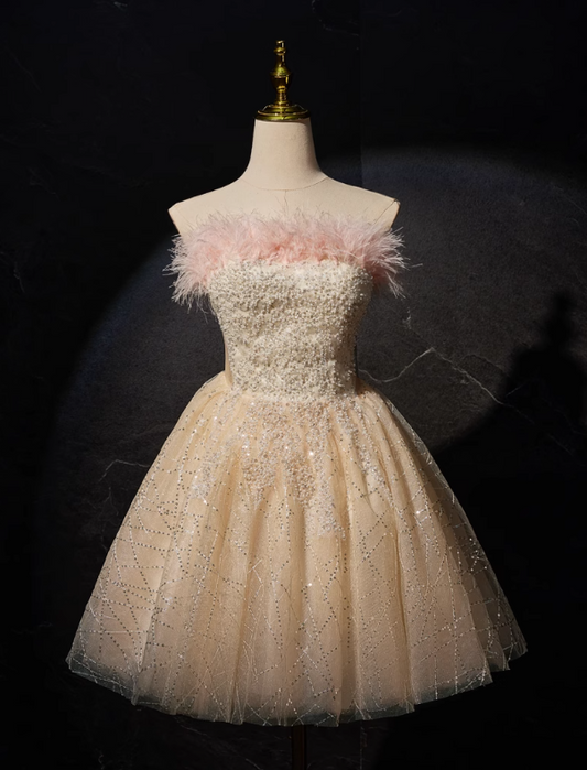 Champagne A-line tulle sequin short prom dress, champagne sweet 16 dress ED01105