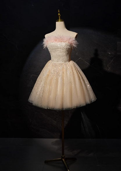 Champagne A-line tulle sequin short prom dress, champagne sweet 16 dress ED01105