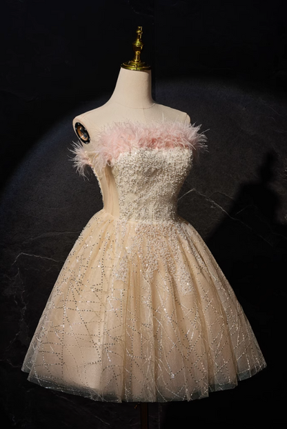 Champagne A-line tulle sequin short prom dress, champagne sweet 16 dress ED01105