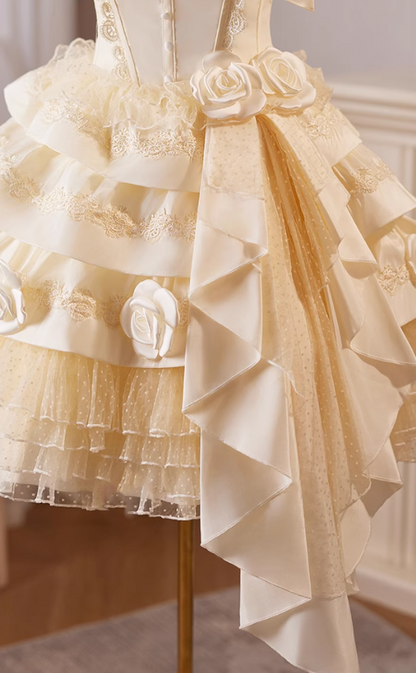 Champagne A-line satin tulle lace short prom dress, champagne birthday dress ED01107