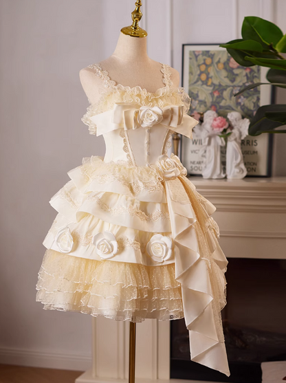 Champagne A-line satin tulle lace short prom dress, champagne birthday dress ED01107