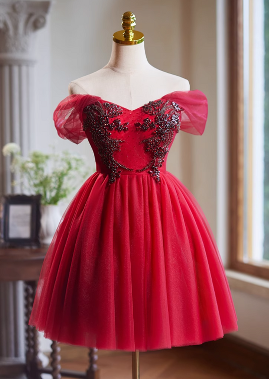 Red A-line tulle short prom dress, red bridesmaid dress ED01108