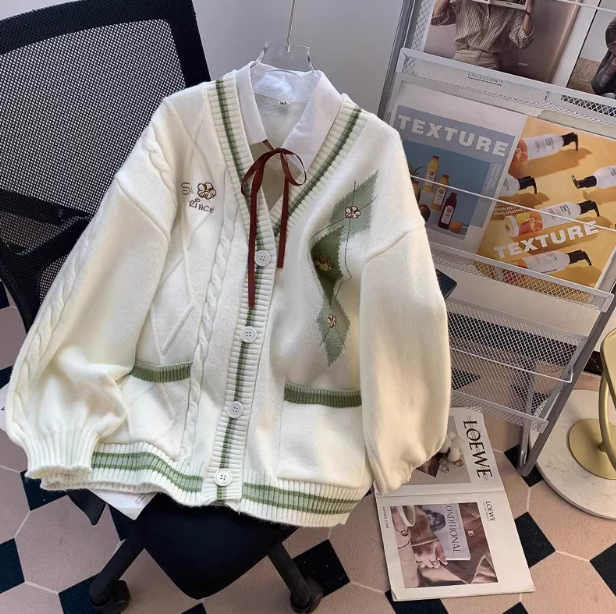 Forest style V-neck sweater autumn and winter new loose lazy college style age-reducing cardigan jacket for women ED0110