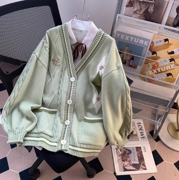 Forest style V-neck sweater autumn and winter new loose lazy college style age-reducing cardigan jacket for women ED0110
