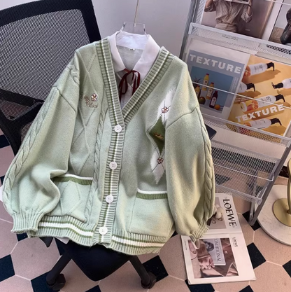 Forest style V-neck sweater autumn and winter new loose lazy college style age-reducing cardigan jacket for women ED0110