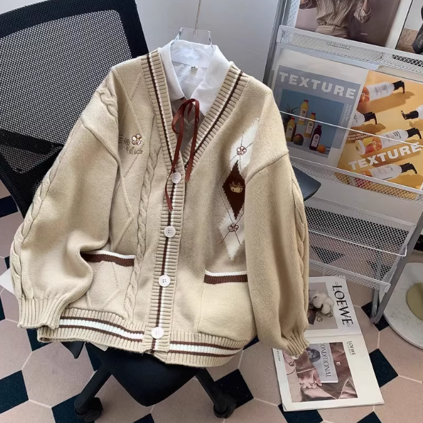 Forest style V-neck sweater autumn and winter new loose lazy college style age-reducing cardigan jacket for women ED0110