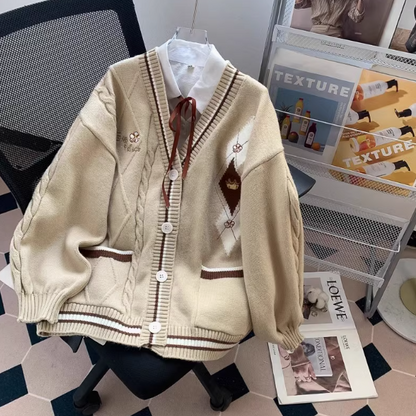 Forest style V-neck sweater autumn and winter new loose lazy college style age-reducing cardigan jacket for women ED0110