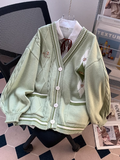 Forest style V-neck sweater autumn and winter new loose lazy college style age-reducing cardigan jacket for women ED0110