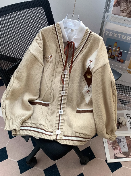 Forest style V-neck sweater autumn and winter new loose lazy college style age-reducing cardigan jacket for women ED0110