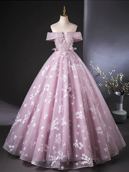 A-Line Off Shoulder Tulle Lace Pink Long Prom Dress, Pink Long Formal Dress ED01110