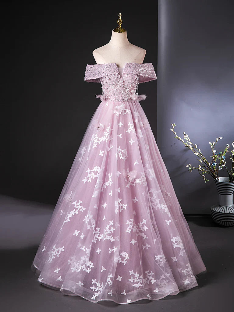 A-Line Off Shoulder Tulle Lace Pink Long Prom Dress, Pink Long Formal Dress ED01110