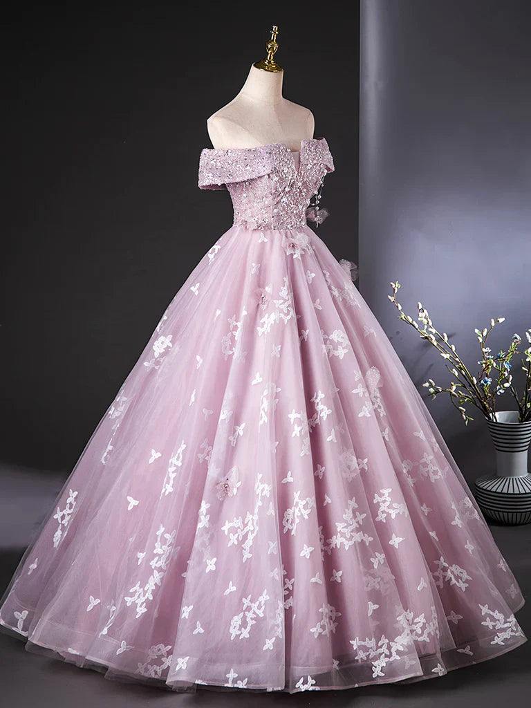 A-Line Off Shoulder Tulle Lace Pink Long Prom Dress, Pink Long Formal Dress ED01110