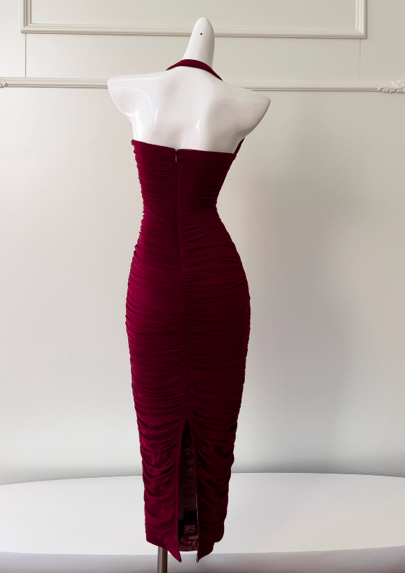 Burgundy tight dress halter neck evening dress birthday dress ED01114