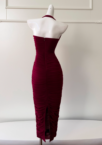 Burgundy tight dress halter neck evening dress birthday dress ED01114