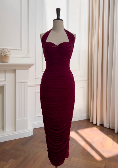 Burgundy tight dress halter neck evening dress birthday dress ED01114