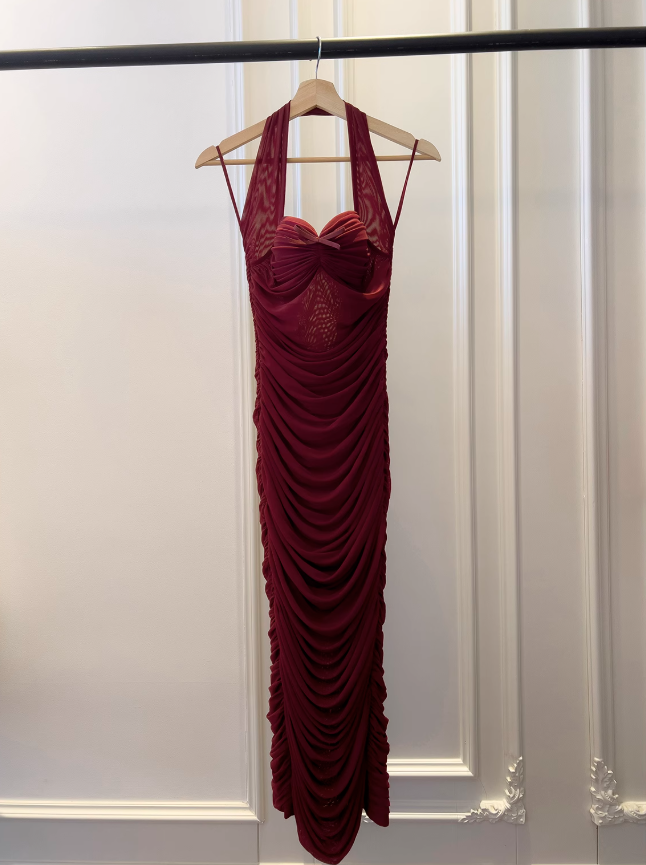 Burgundy tight dress halter neck evening dress birthday dress ED01114