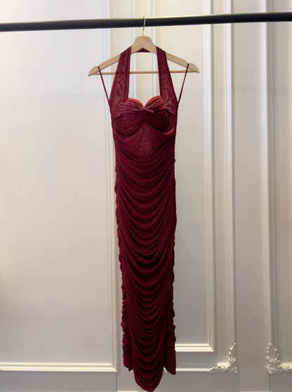 Burgundy tight dress halter neck evening dress birthday dress ED01114