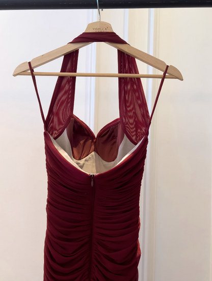 Burgundy tight dress halter neck evening dress birthday dress ED01114