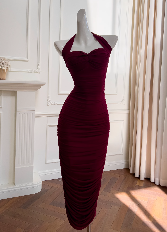 Burgundy tight dress halter neck evening dress birthday dress ED01114