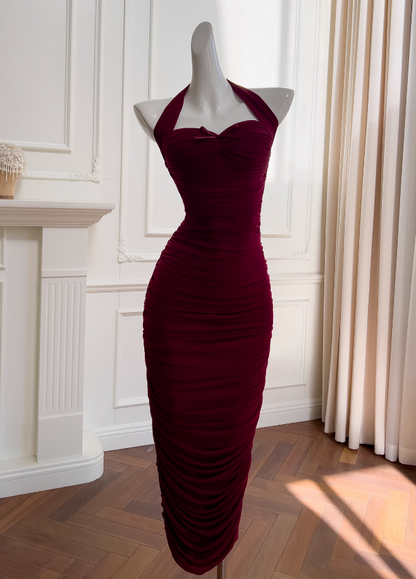 Burgundy tight dress halter neck evening dress birthday dress ED01114