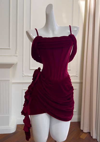 Burgundy Velvet Spaghetti Strap A-Line Short Prom Dress Homecoming Dress ED01116