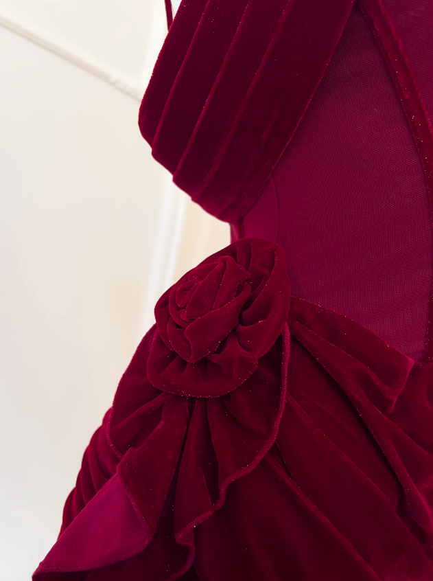 Burgundy Velvet Spaghetti Strap A-Line Short Prom Dress Homecoming Dress ED01116