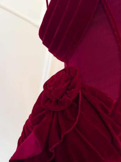 Burgundy Velvet Spaghetti Strap A-Line Short Prom Dress Homecoming Dress ED01116