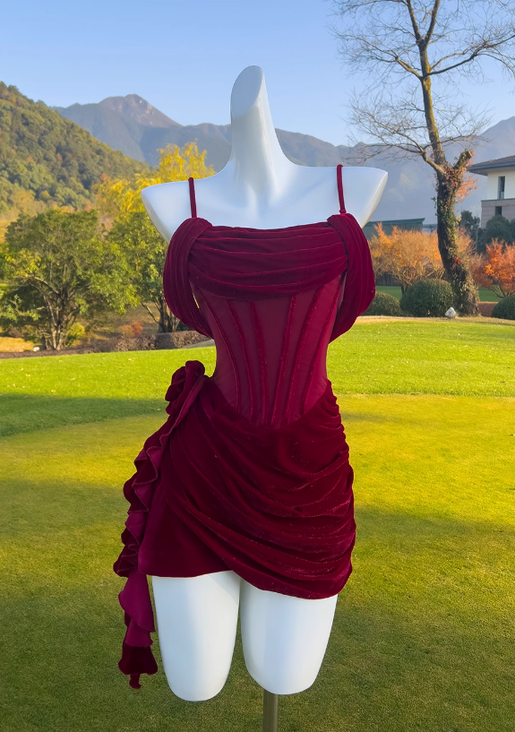 Burgundy Velvet Spaghetti Strap A-Line Short Prom Dress Homecoming Dress ED01116
