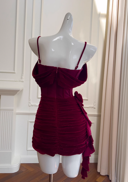 Burgundy Velvet Spaghetti Strap A-Line Short Prom Dress Homecoming Dress ED01116