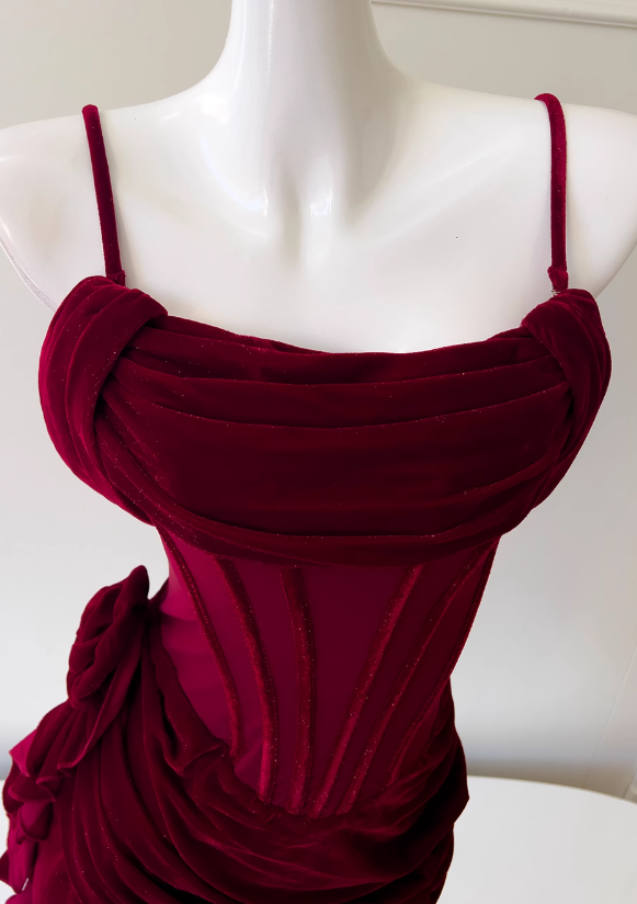 Burgundy Velvet Spaghetti Strap A-Line Short Prom Dress Homecoming Dress ED01116