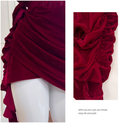 Burgundy Velvet Spaghetti Strap A-Line Short Prom Dress Homecoming Dress ED01116