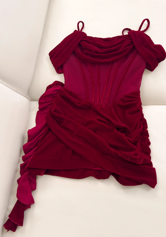 Burgundy Velvet Spaghetti Strap A-Line Short Prom Dress Homecoming Dress ED01116