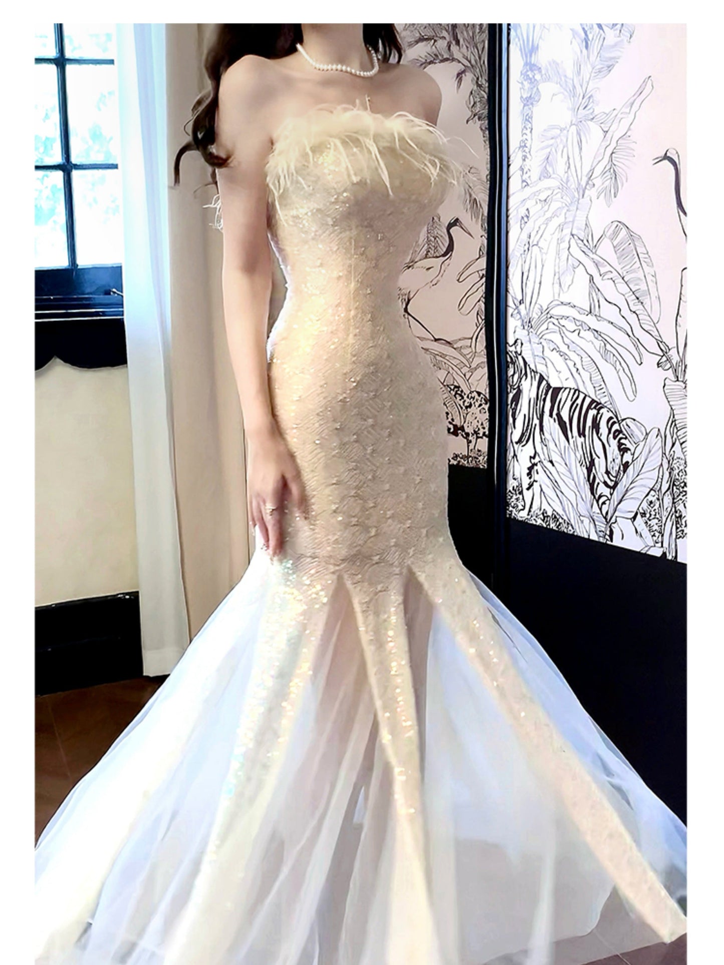 Feather strapless mermaid dress, party dress ED01118