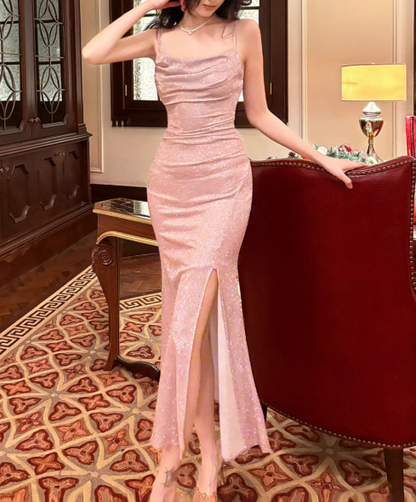 Knitted lamé pink shimmery side slit dress birthday dress ED01119