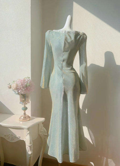 French Square Neck Bubble Long Sleeve Dress Fishtail Dress Party Dress ED01120