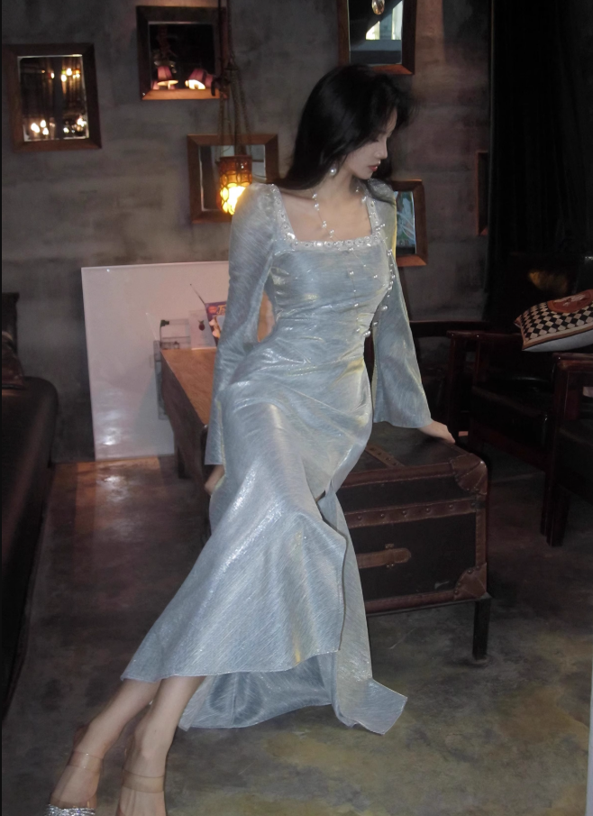 French Square Neck Bubble Long Sleeve Dress Fishtail Dress Party Dress ED01120