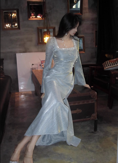 French Square Neck Bubble Long Sleeve Dress Fishtail Dress Party Dress ED01120