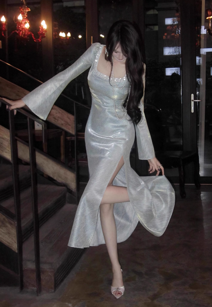 French Square Neck Bubble Long Sleeve Dress Fishtail Dress Party Dress ED01120