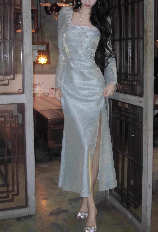 French Square Neck Bubble Long Sleeve Dress Fishtail Dress Party Dress ED01120