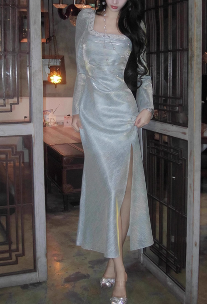 French Square Neck Bubble Long Sleeve Dress Fishtail Dress Party Dress ED01120