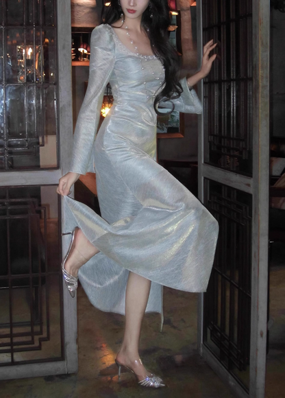 French Square Neck Bubble Long Sleeve Dress Fishtail Dress Party Dress ED01120