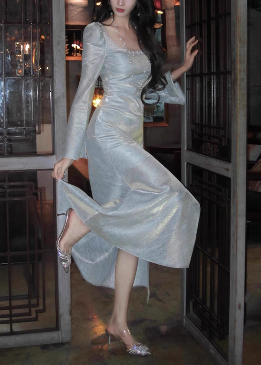 French Square Neck Bubble Long Sleeve Dress Fishtail Dress Party Dress ED01120